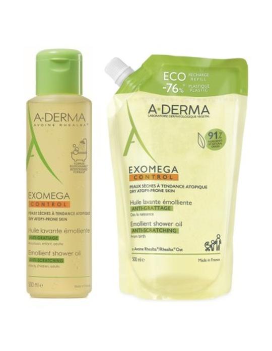 A-derma Exomega Control Emolijentno ulje za tuširanje + Refill Promo pakiranje 500 ml